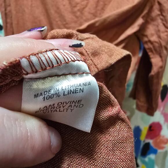 Flax 100% linen rust burnt orange shift mini dress tunic pockets 3/4 sleeve L - Picture 7 of 10